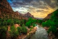 Virgin River and The Watchman Sunset, Zion National Park, Utah Royalty Free Stock Photo