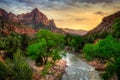 Virgin River and The Watchman Sunset, Zion National Park, Utah Royalty Free Stock Photo