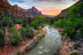 Virgin River and The Watchman Sunset, Zion National Park, Utah Royalty Free Stock Photo
