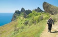 Virginal coastal landscape with lonely tourist