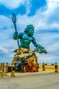 Virginia Beach Boardwalk, Virginia Beach US - September 12, 2017 Landmark bronze statue of mythological god Neptune surrounded by