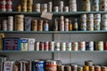 Shelves filled with old fashioned, antique canned goods and foods in the ghost town