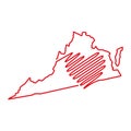 Virginia US state red outline map with the handwritten heart shape. Vector illustration Royalty Free Stock Photo