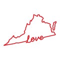 Virginia US state red outline map with the handwritten LOVE word. Vector illustration Royalty Free Stock Photo