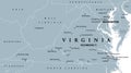 Virginia, VA, gray political map, Old Dominion, Mother of Presidents