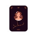 Virgo astrology zodiac sign, cartoon style vector illustration on black card. Royalty Free Stock Photo