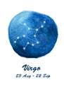 Virgo constellation icon of zodiac sign Virgo in cosmic stars space. Blue starry night sky inside circle background. Royalty Free Stock Photo