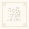 Virgo woman goddess zodiac line art deco antique frame vintage card design vector illustration