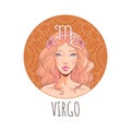 Virgo zodiac sign artwork, beautiful girl face, horoscope symbol, star sign, vector illustration