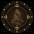 Virgo zodiac sign, astrological horoscope sign in a mystical circle with moon, sun and stars. Golden design vector Royalty Free Stock Photo