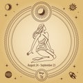 Virgo Zodiac sign, astrological horoscope sign. Outline drawing in a decorative circle with mystical astronomical symbols