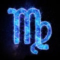 Virgo zodiac sign icon, blue neon hologram on a dark background of the starry sky, horoscope signs. The concept of fate, Royalty Free Stock Photo