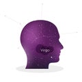 Virgo zodiac sign. Man portrait in profile. Horoscope symbol, linear constellation. Star universe texture. Vector illustration