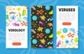 Virology mobile app templates set. Viruses landing page, card, menu, leaflet, flyer with colorful pathogens, cell