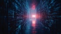 Virtual abstract fantasy cyber reality room. Walls made of screen monitors with digital digits. By generative Ai