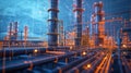 Virtual abstract industrial factory with wireframe mesh and glowing objects