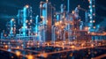 Virtual abstract industrial factory with wireframe mesh and glowing objects