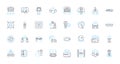 Virtual analytics linear icons set. Analysis, Metrics, Data, Visualization, Insights, Interpretation, Intelligence line