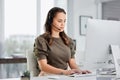 Virtual assistant, computer or woman typing in call center consulting online at customer services help desk. Research Royalty Free Stock Photo