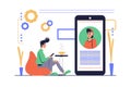 Virtual assistant concept in modern flat cartoon design for web. Man chatting online in app with digital adviser or