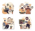 Virtual assistant concept scenes set in flat web design. People in situations of using online operator help and chatting