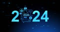 Virtual assistant hologram with 2024 year and chat bot icons