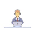 Virtual assistant wearing headphones working on computer, support specialist. Online communication illustration Royalty Free Stock Photo