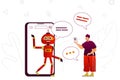 Virtual assistant web concept. Online assistant robot assists user in mobile app. People scene with flat line characters design