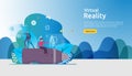 Virtual augmented reality. people character touching VR interface and wearing goggle playing games, education, entertaining,
