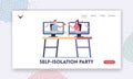 Virtual Birthday, Online Party, Festive Event Landing Page Template. Friends Clink Glasses with Alcohol from Monitors