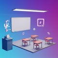 A virtual classroom scene features four small desks and chairs on a platform. A Royalty Free Stock Photo