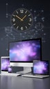 Virtual clock interface on multiple digital devices displaying synced time Royalty Free Stock Photo
