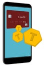 A virtual credit card is seen on a phone screen as token float off the screen