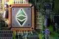 financial technology and internet money - circuit board mining and coin Ethereum Classic ETC