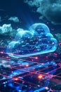 Virtual data pathways, digital elements, innovative cloud technology infrastructure on bright blue background.