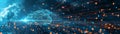 Virtual data pathways in innovative cloud infrastructure on blue background with digital elements floating.