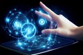 Virtual digital projection hologram above tablet. AR and AI concept. Business hand working with AI computer interface. Wireless Royalty Free Stock Photo