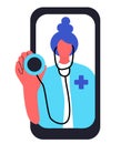 Virtual doctor app hand drawn vector illustration. Professional physician with stethoscope or phonendoscope, general practitioner