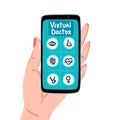 Virtual doctor. Mobile app. Smartphone in woman hand. Medical assistance online. Healthcare. Medical examination