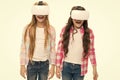 Virtual education. Kids wear hmd explore virtual or augmented reality. Future technology. Girls interact cyber reality Royalty Free Stock Photo