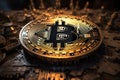Virtual environment reveals a damaged Bitcoin coin, symbolizing the complex nature of value Royalty Free Stock Photo