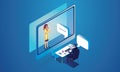 Virtual event People use Video conference landing Working Businessman on window screen taking with colleagues.Isometric