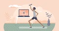 Virtual fitness as distant workout and sport activity tiny person concept