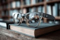 Virtual glasses lie on books with blurred library background suggesting knowledge and exploration Royalty Free Stock Photo