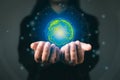 Virtual globe network connection in hand. Business global internet connection, science, innovation and communication technology