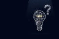 Virtual gologram of low poly geometric lamp and question mark on dark blue background. Business idea, planing and strategy concept