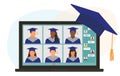 Virtual graduation ceremony. Graduates in graduating clothing communicate via video call. Laptop screen. Communication of students