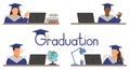 Virtual graduation ceremony. Graduates in graduating clothing sitting at desk in front of laptop at home and communicate using