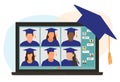 Virtual graduation ceremony. Graduates in square academic cars communicate via video call. Laptop screen. Communication of Royalty Free Stock Photo