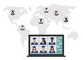 Virtual graduation. Online meeting graduates in graduating clothing in world. Screen laptop, video call. Vector illustration